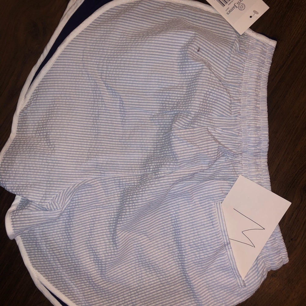 Navy Lauren James seersucker shorts.